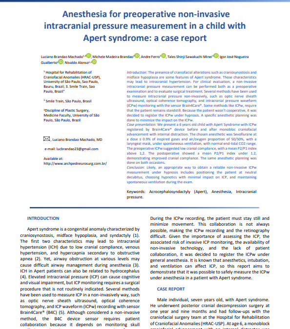 Anesthesia for preoperative non-invasive intracranial pressure measurement in a child with  Apert syndrome: a case report