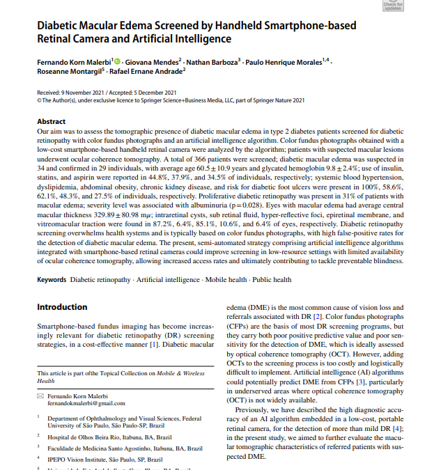 Diabetic Macular Edema Screened by Handheld Smartphone‐based Retinal Camera and Artificial Intelligence