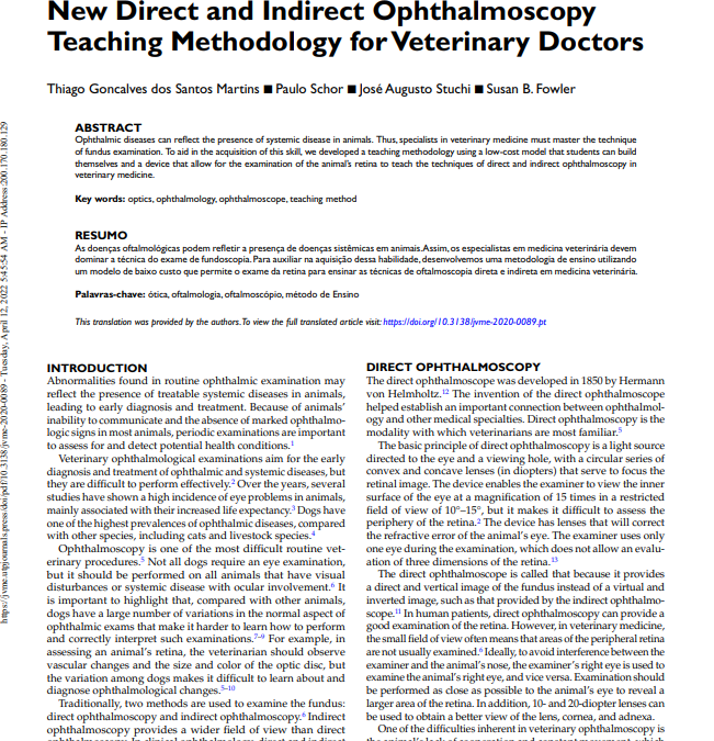 New Direct and Indirect Ophthalmoscopy Teaching Methodology for Veterinary Doctors
