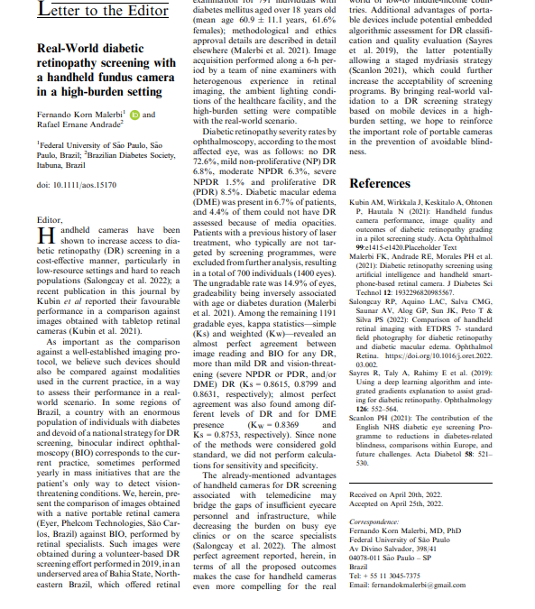 Real-World diabetic retinopathy screening with a handheld fundus camera in a high-burden setting