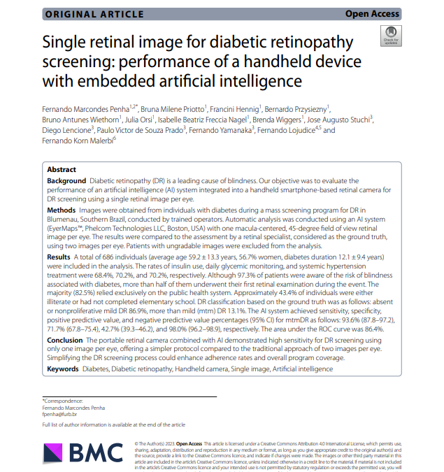 Single retinal image for diabetic retinopathy screening: performance of a handheld device with embedded artificial intelligence