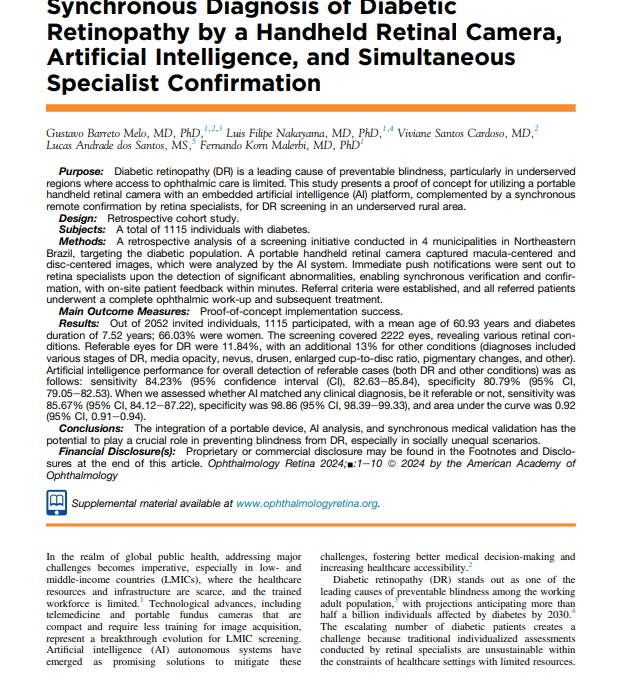 Synchronous Diagnosis of Diabetic Retinopathy by a Handheld Retinal Camera, Artificial Intelligence, and Simultaneous Specialist Confirmation